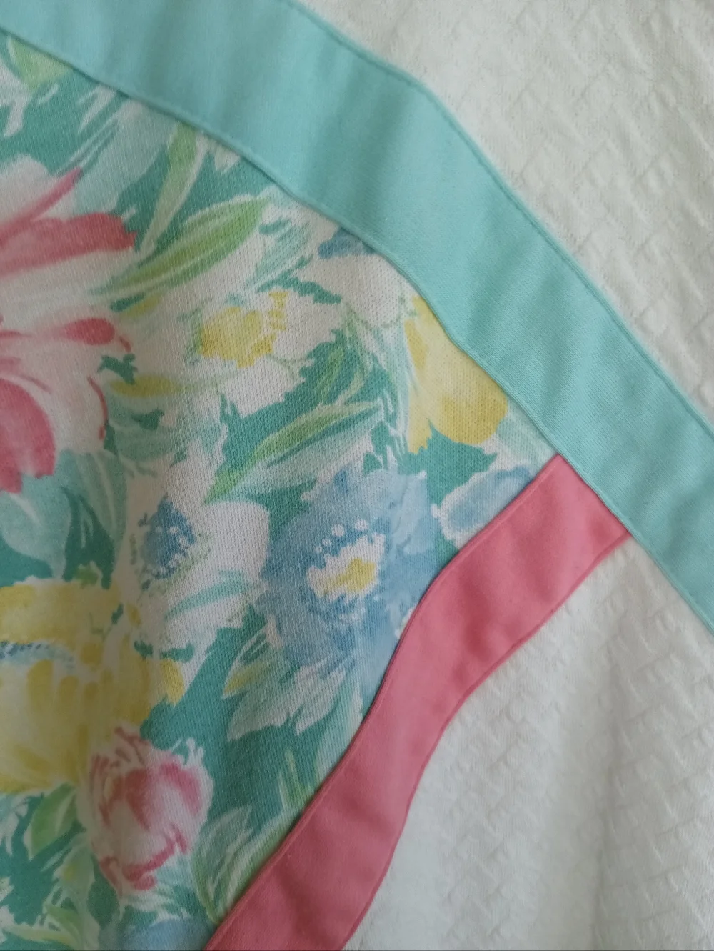 Koret White Floral Panel Colorblock Sweater Vintage Pastel Pink Blue Textured LG - Picture 6 of 12